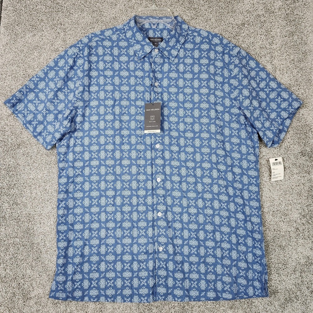 Van Heusen Shirt Mens Large Blue Geo Print Short Sleeve Button Up Easy Care